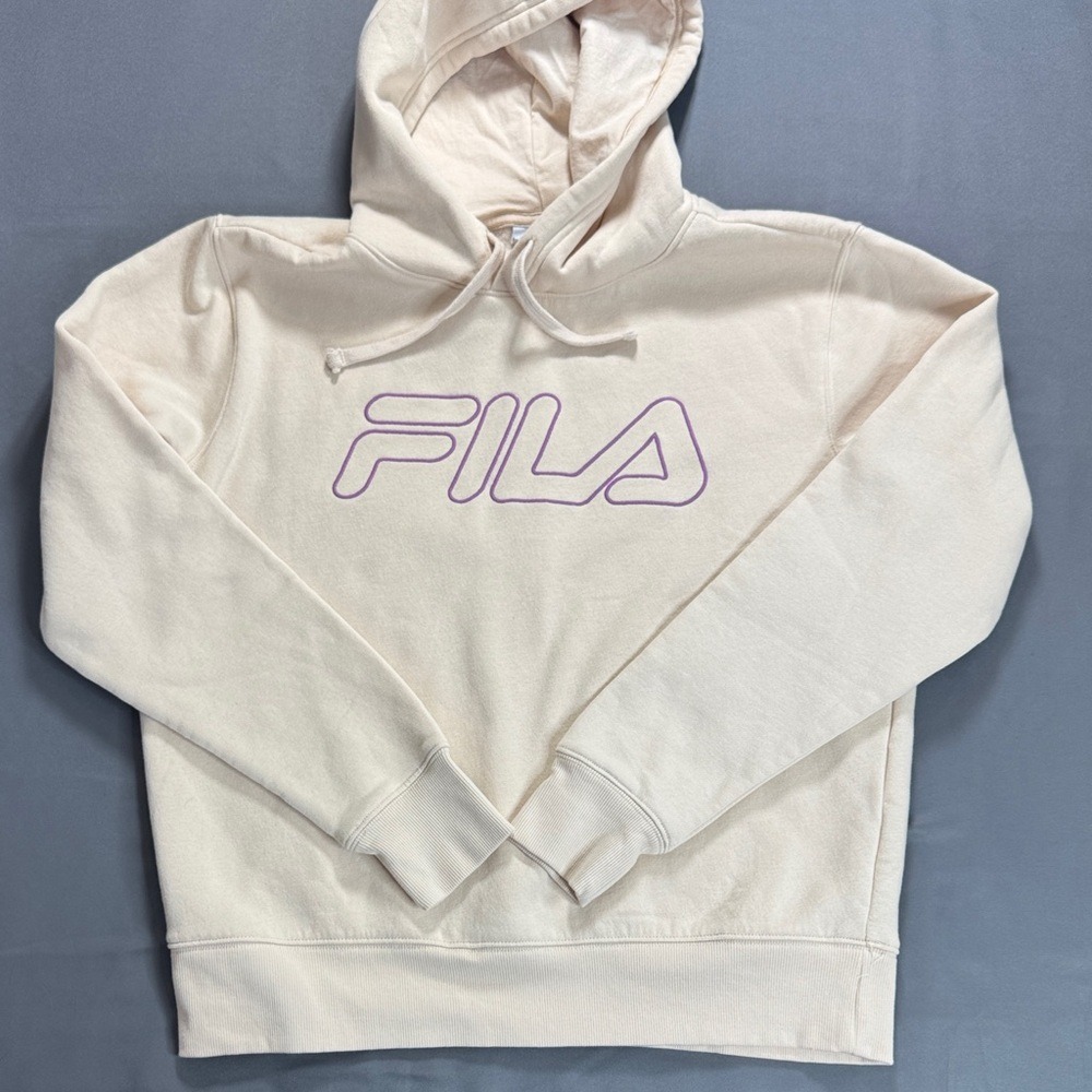 Fila Womens Hoodie‎ Cream Purple Embroidered Logo Fleece Sweatshirt Size M - Picture 3 of 10